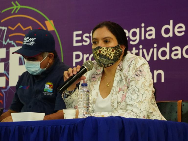 La Directora de la ANT, Myriam Martínez,  aparece en compañía de un hombre funcionario de Sucre, sentados en una mesa de conversación. Los dos tienen tapabocas y ella está hablando por un micrófono.
