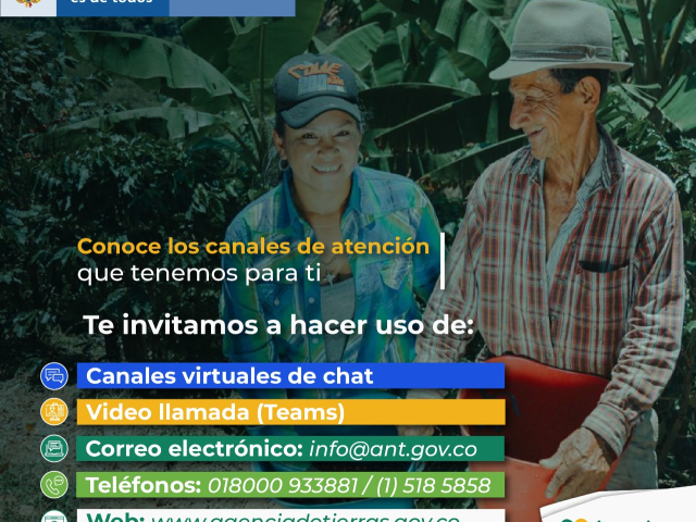 Imagen referencia de dos campesinos, enumerando los canales de atención de la ANT
