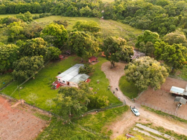 Fotografía aérea de un terreno con árboles y algunas casas.