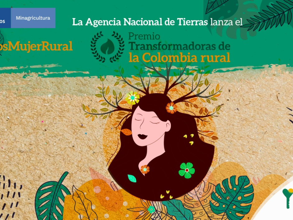 Diseño de pieza gráfica para comunicar el Premio Transformadoras de la Colombia Rural. En ella se evidencia el logo del Gobierno Nacional, #SomosMujerRural, logo de la ANT, el dibujo del rostro de una mujer con sus ojos cerrados y sobre su cabeza ramas de arboles. 