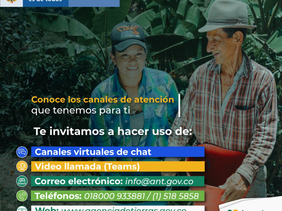 Imagen referencia de dos campesinos, enumerando los canales de atención de la ANT